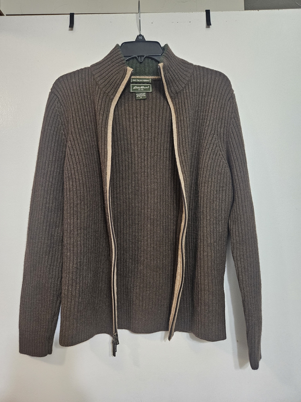 Eddie Bauer Fine Italian Merino Wool full-zip ribbed cardigan sweater.